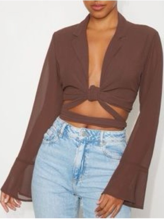Dynamite Tops - Dynamite Brown Sheer Cropped Draped Blazer